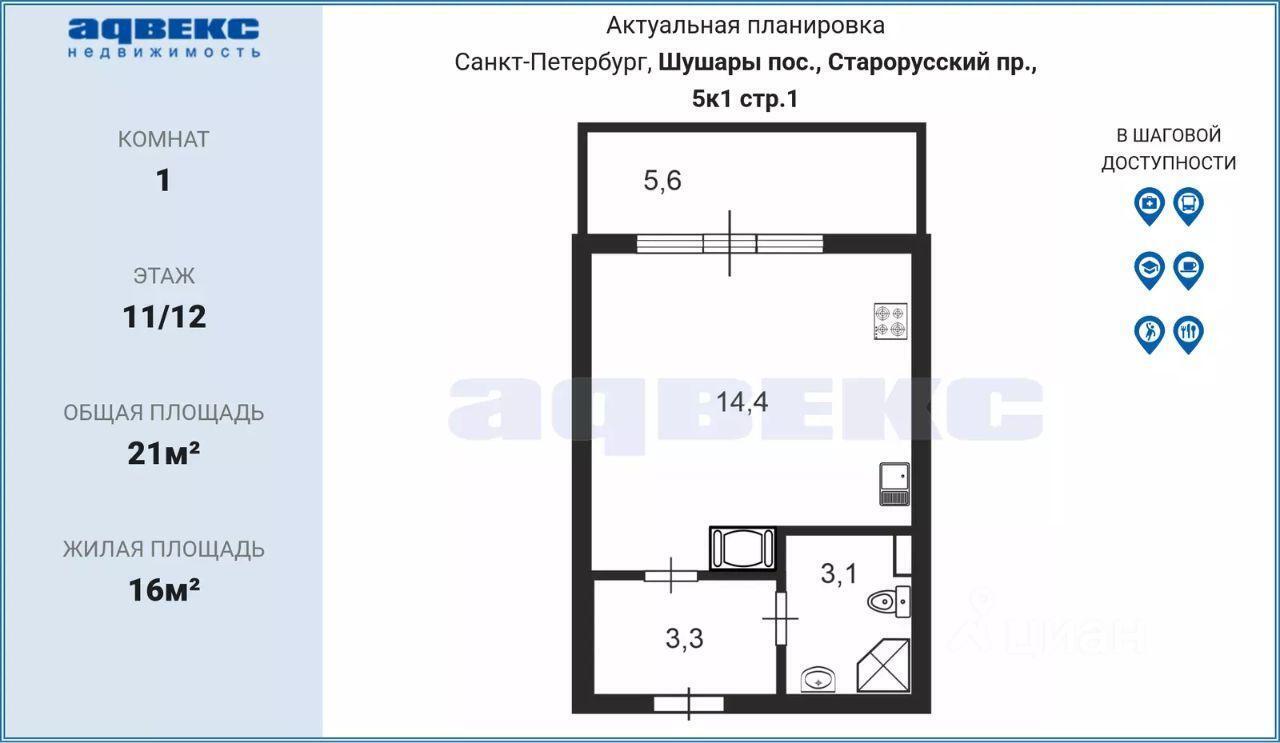 квартира г Санкт-Петербург п Шушары пр-кт Старорусский ЖК Чкалов р-н Пушкинский Ленинградская область фото 2