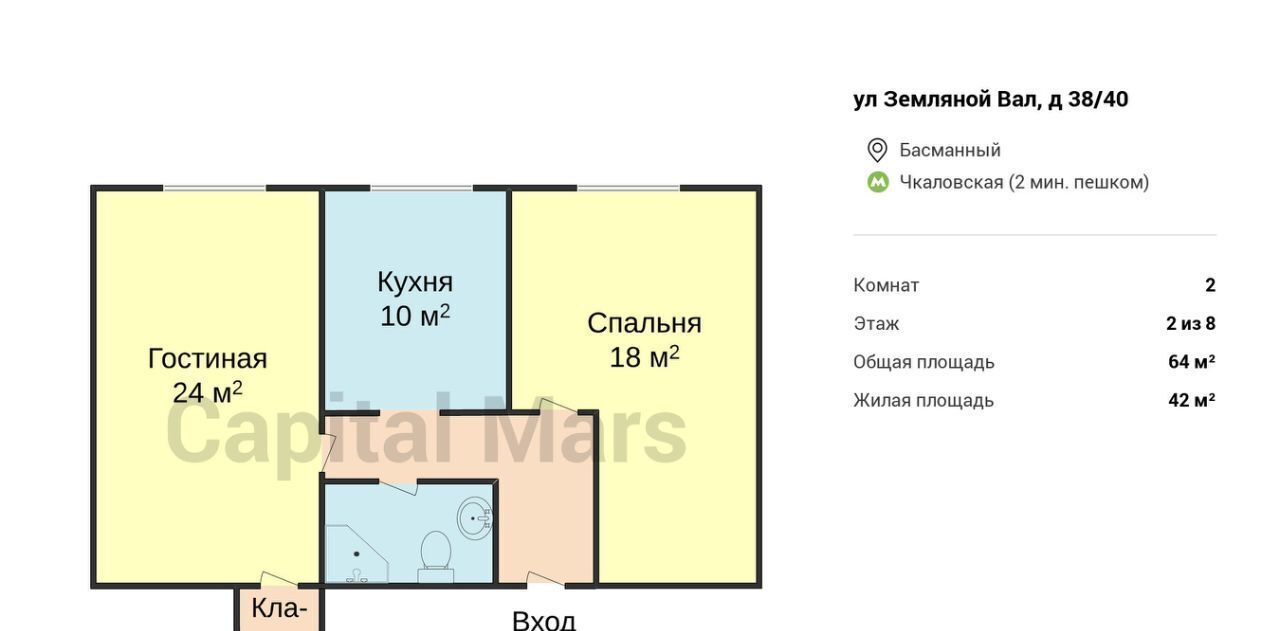 квартира г Москва метро Чкаловская ул Земляной Вал 15с/9 38-40 фото 3