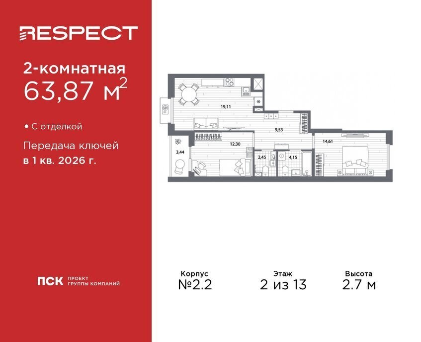 квартира г Санкт-Петербург метро Лесная р-н Пискарёвка Кушелевка жилой квартал RESPECT фото 1