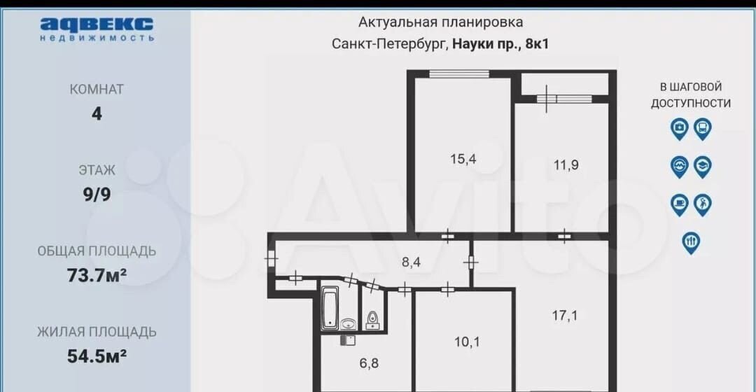 квартира г Санкт-Петербург метро Академическая пр-кт Науки 8к/1 округ Академическое фото 1