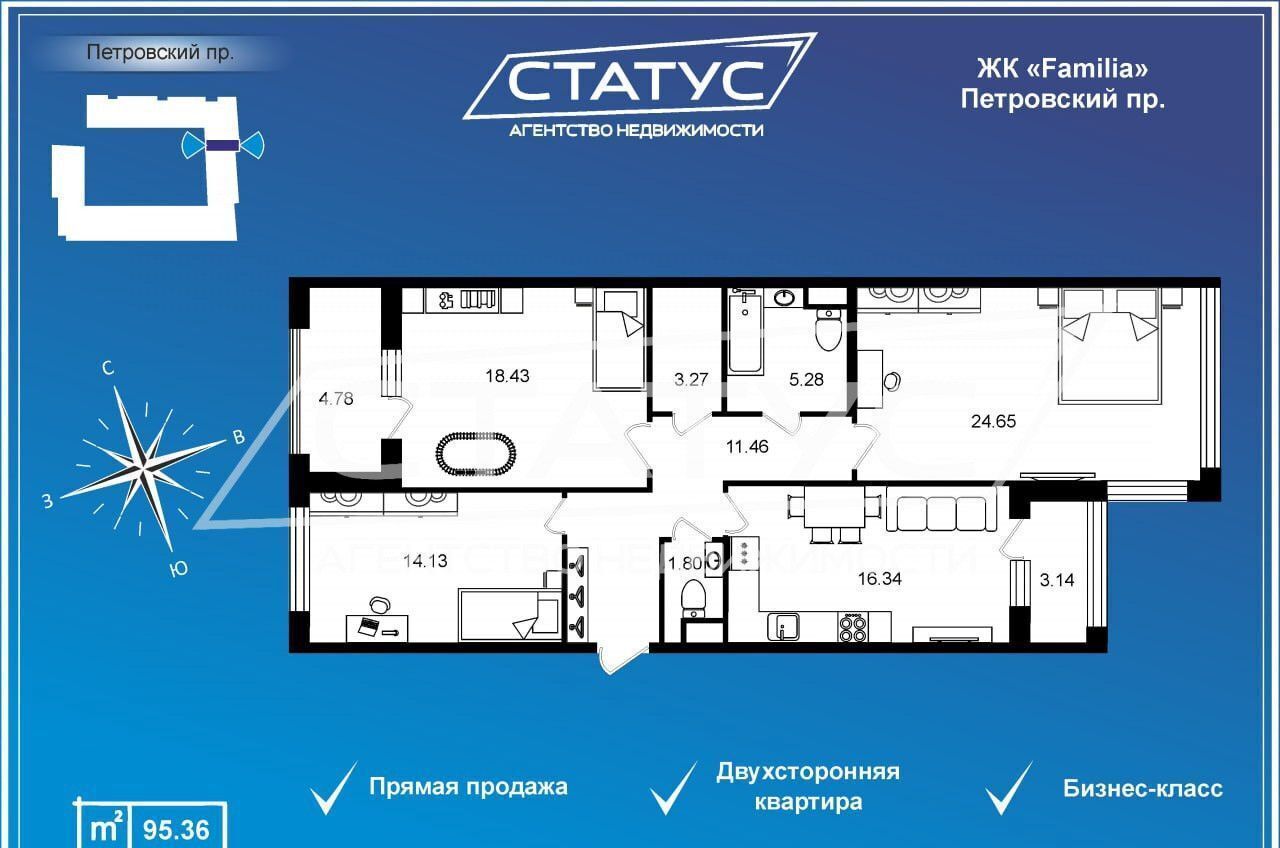 квартира г Санкт-Петербург метро Крестовский Остров пр-кт Петровский 22к/2 ЖК Familia округ Петровский фото 26