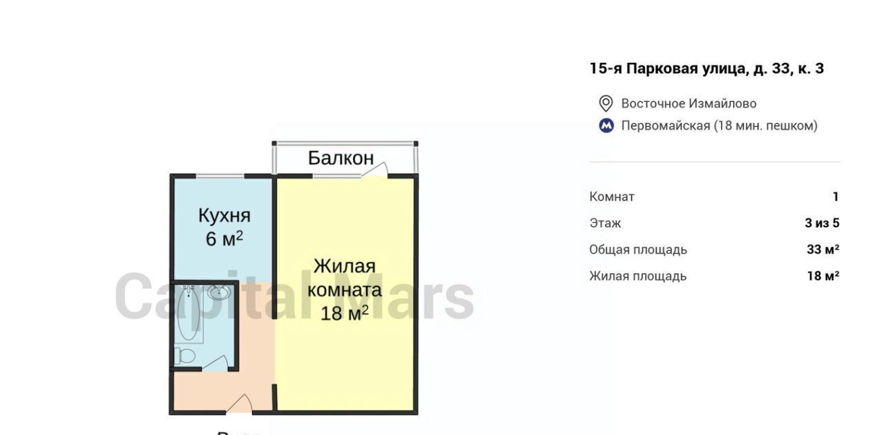 квартира г Москва метро Первомайская ул 15-я Парковая 33к/3 фото 3