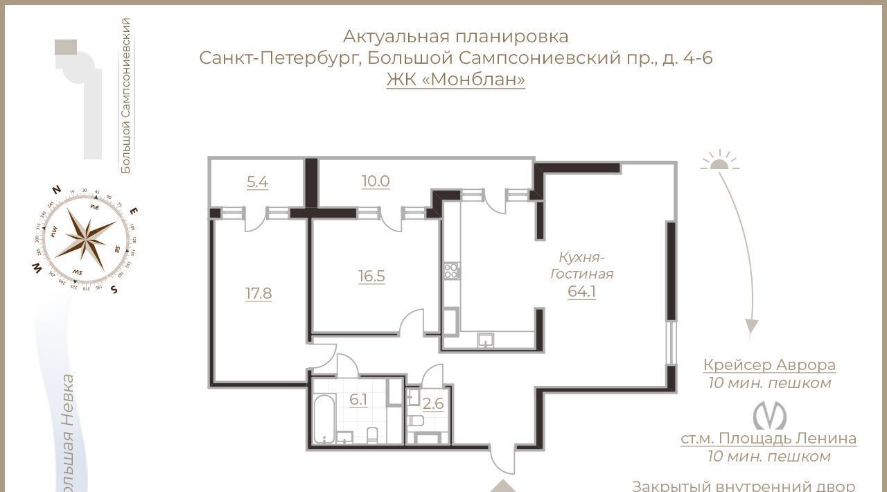 квартира г Санкт-Петербург метро Площадь Ленина Выборгская сторона пр-кт Большой Сампсониевский 4/6 округ Сампсониевское фото 17