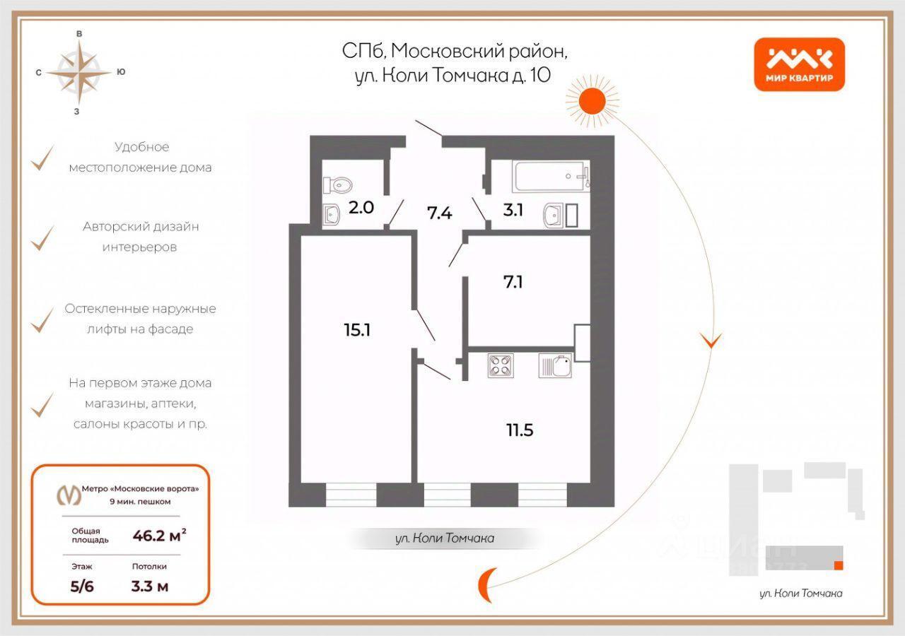 квартира г Санкт-Петербург р-н Московский ул Коли Томчака 10 Ленинградская область фото 2