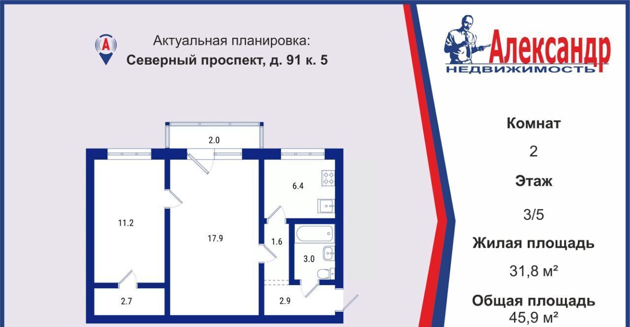 квартира г Санкт-Петербург метро Академическая пр-кт Северный 91к/5 округ Гражданка фото 2