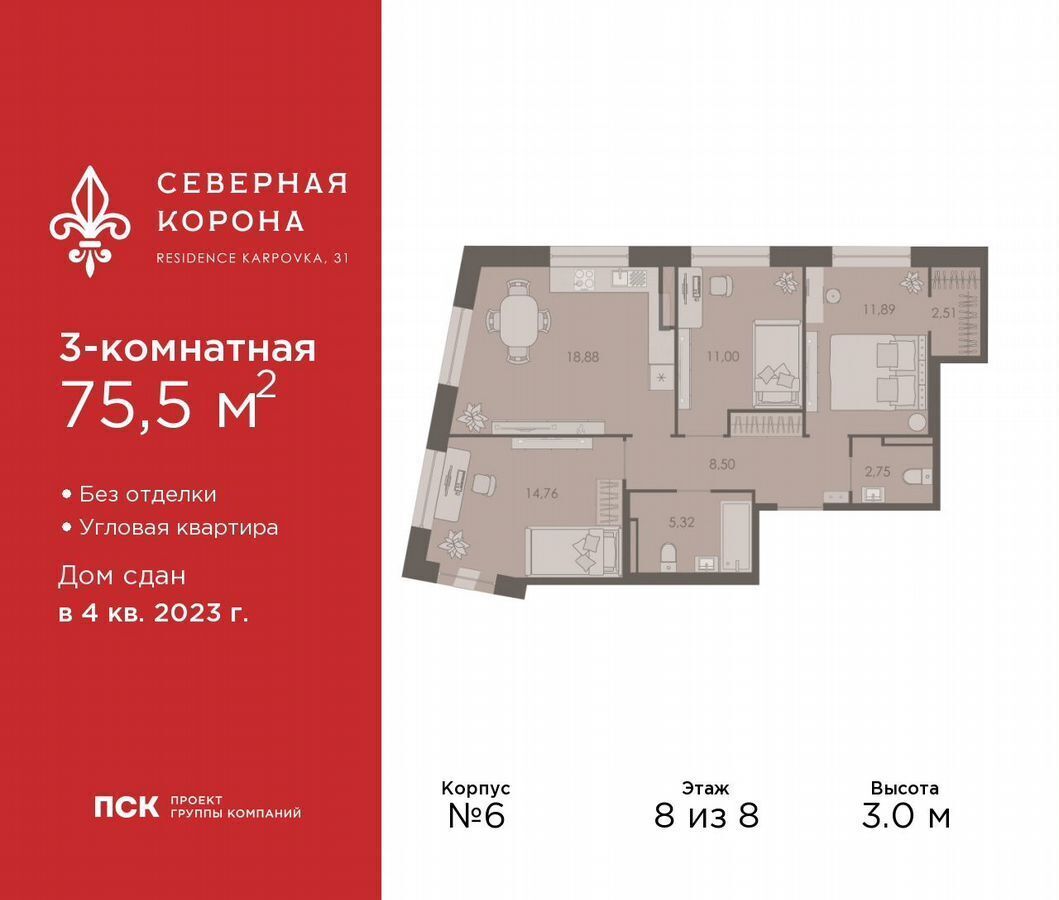 квартира г Санкт-Петербург метро Петроградская наб Реки Карповки 31/6 округ Чкаловское фото 1