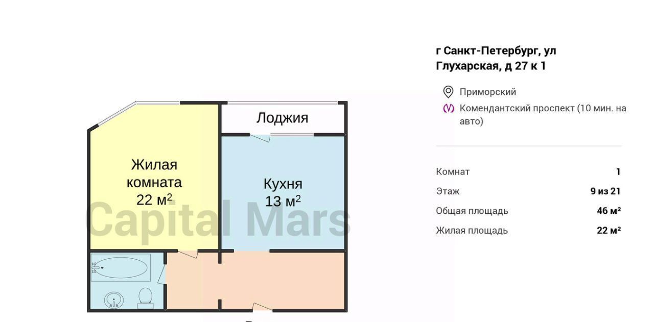 квартира г Санкт-Петербург метро Комендантский Проспект ул Глухарская 27к/1 ЖК «Новая Каменка» округ Коломяги фото 3