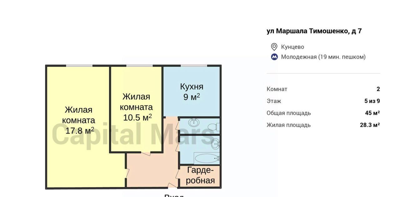 квартира г Москва метро Молодежная ул Маршала Тимошенко 7 муниципальный округ Кунцево фото 3