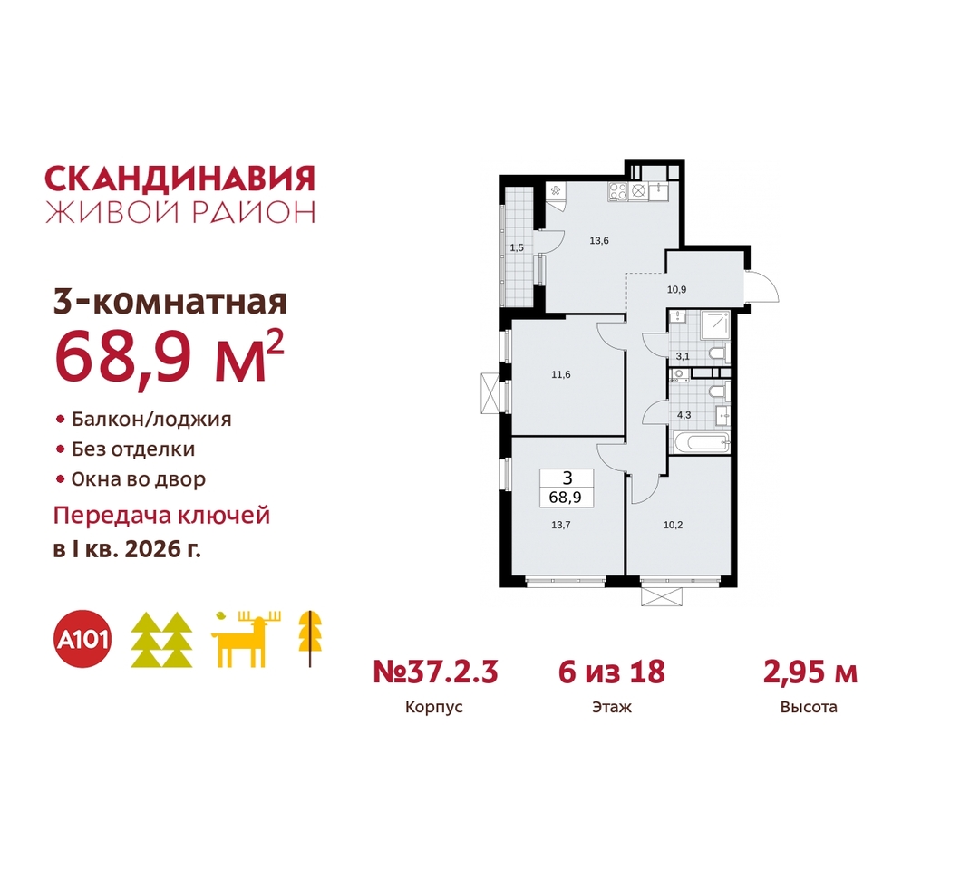 квартира г Москва п Сосенское жилой район «Скандинавия» Сосенское, жилой комплекс Скандинавия, 37. 2.3, Бутово фото 1