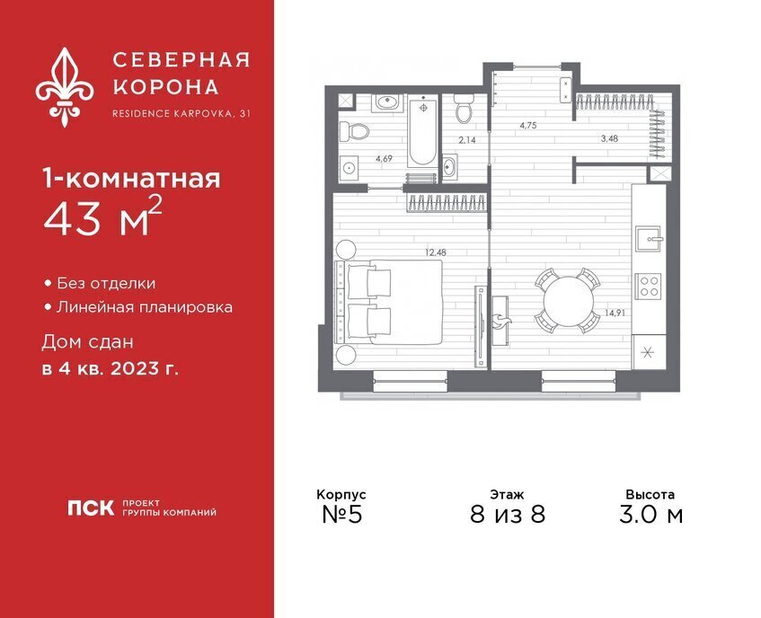 квартира г Санкт-Петербург метро Петроградская наб Реки Карповки 31к/1 ЖК Северная Корона округ Чкаловское фото 1