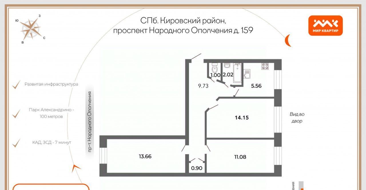 квартира г Санкт-Петербург метро Проспект Ветеранов пр-кт Народного Ополчения 159 фото 2