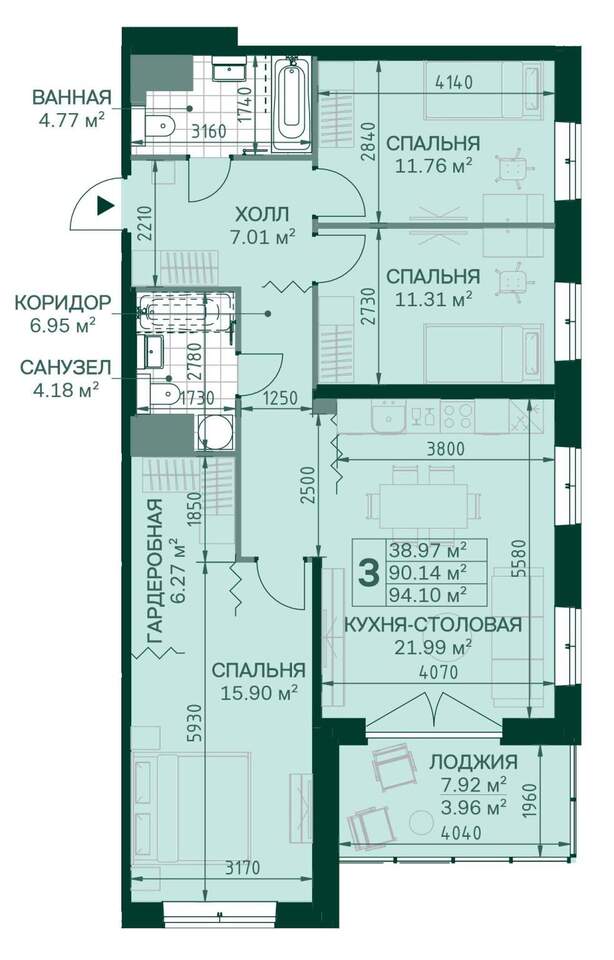 квартира г Санкт-Петербург метро Новочеркасская р-н Красногвардейский ул Магнитогорская 3к/2 фото 3