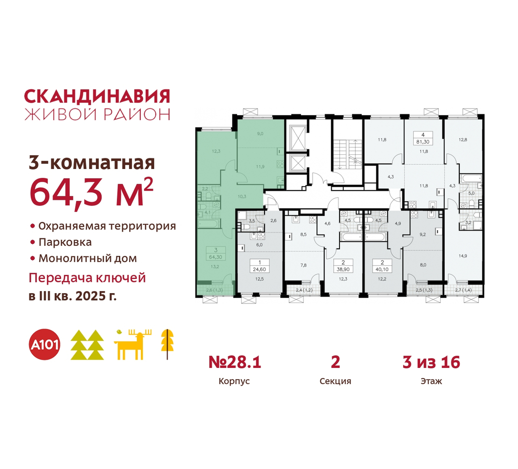 квартира г Москва п Сосенское жилой район «Скандинавия» Сосенское, жилой комплекс Скандинавия, 28. 1, Бутово фото 2