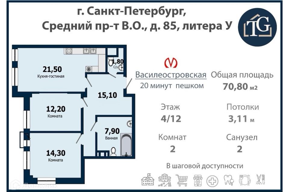 квартира г Санкт-Петербург пр-кт Средний В.О. 85 Василеостровский фото 2