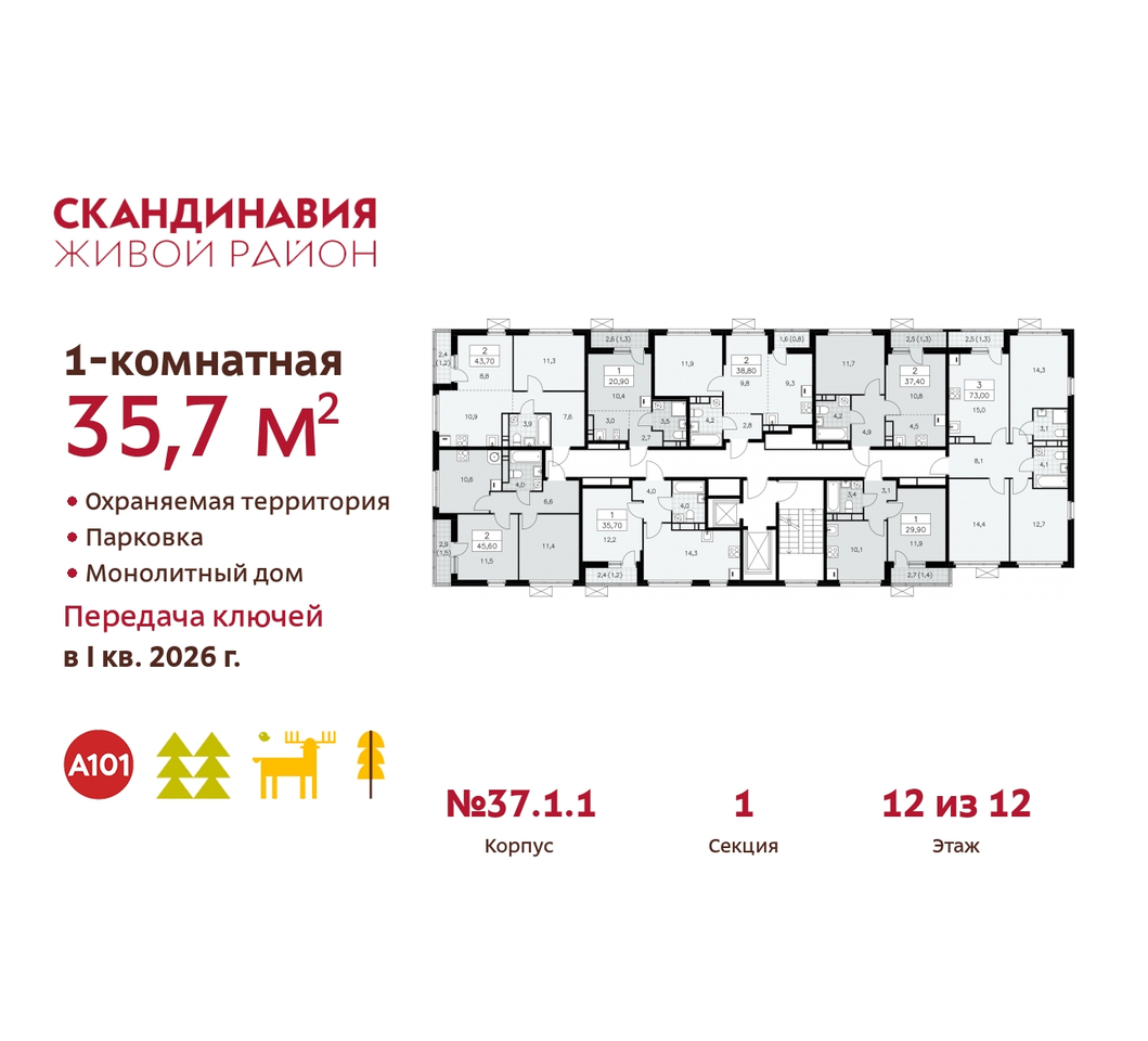 квартира г Москва п Сосенское жилой район «Скандинавия» Сосенское, жилой комплекс Скандинавия, 37. 1.1, Бутово фото 2