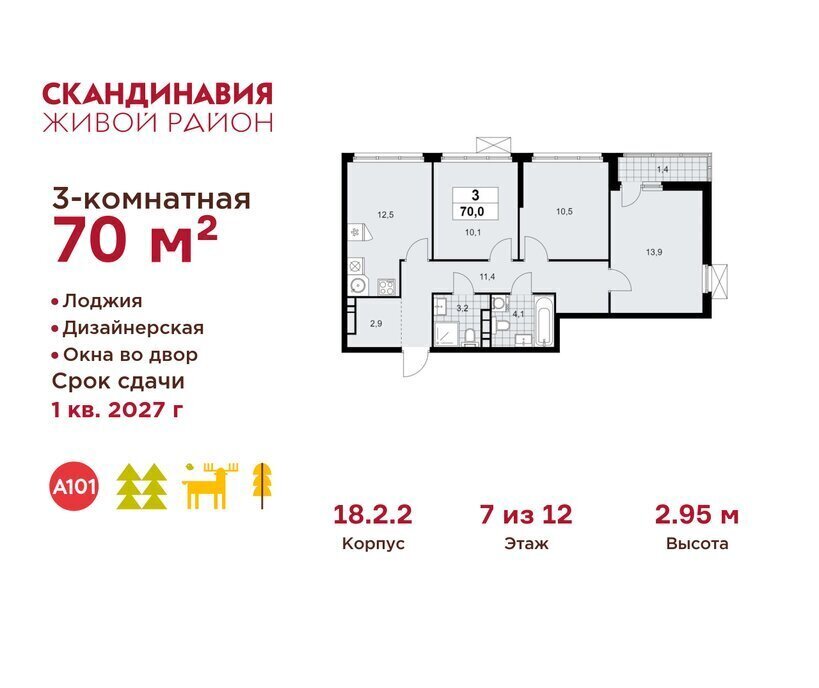 квартира г Москва метро Коммунарка ТиНАО Потапово, ЖК Скандинавия, 18. 2.2 фото 1