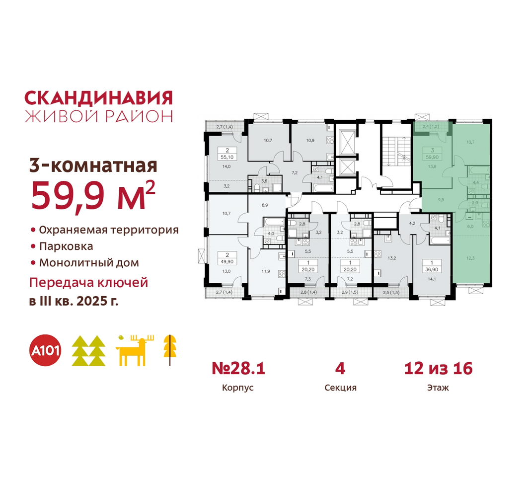 квартира г Москва п Сосенское жилой район «Скандинавия» Сосенское, жилой комплекс Скандинавия, 28. 1, Бутово фото 2