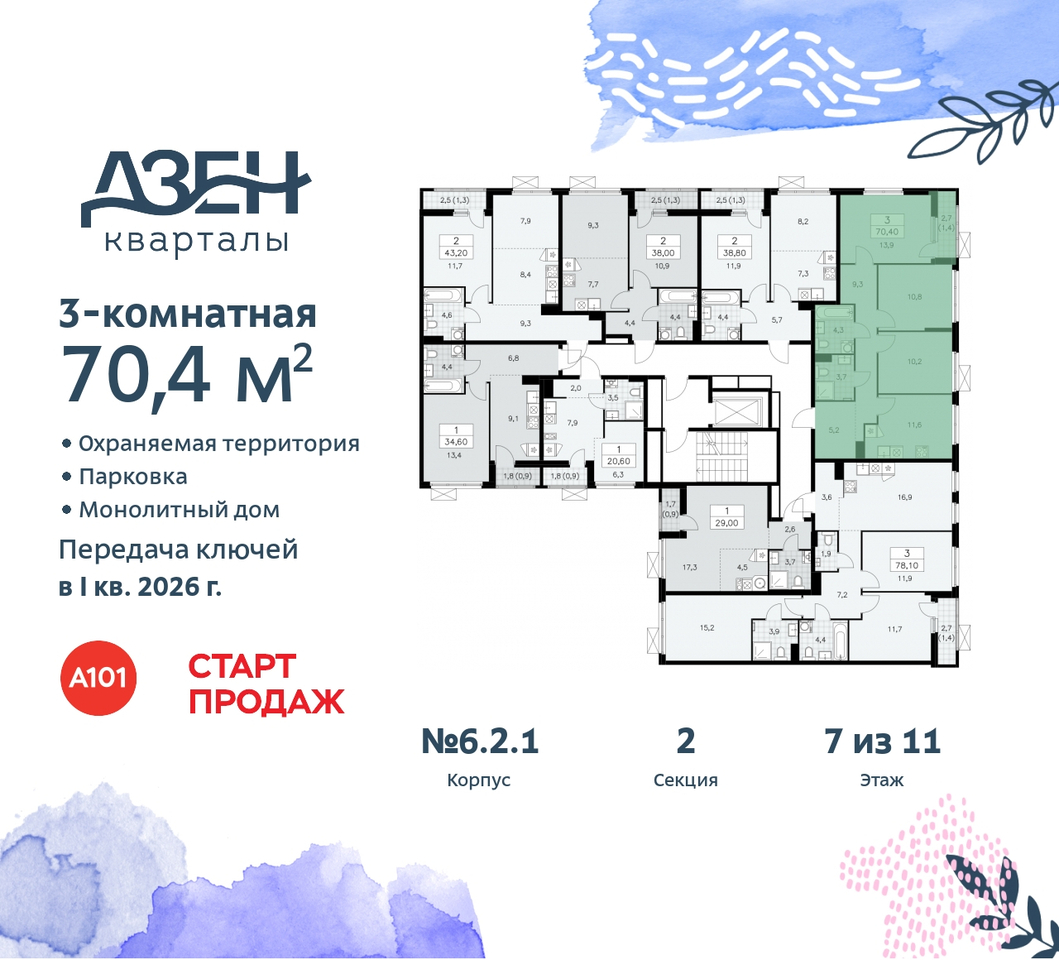 квартира г Москва п Сосенское метро Ольховая метро Бунинская аллея Сосенское, Дзен-кварталы, 2. 1, Коммунарка, Улица Горчакова, Бульвар адмирала Ушакова фото 2