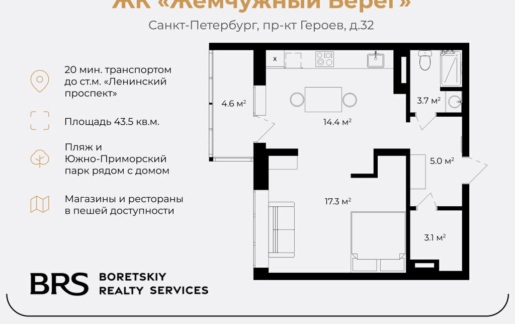 квартира г Санкт-Петербург метро Автово пр-кт Героев 32 округ Южно-Приморский фото 2