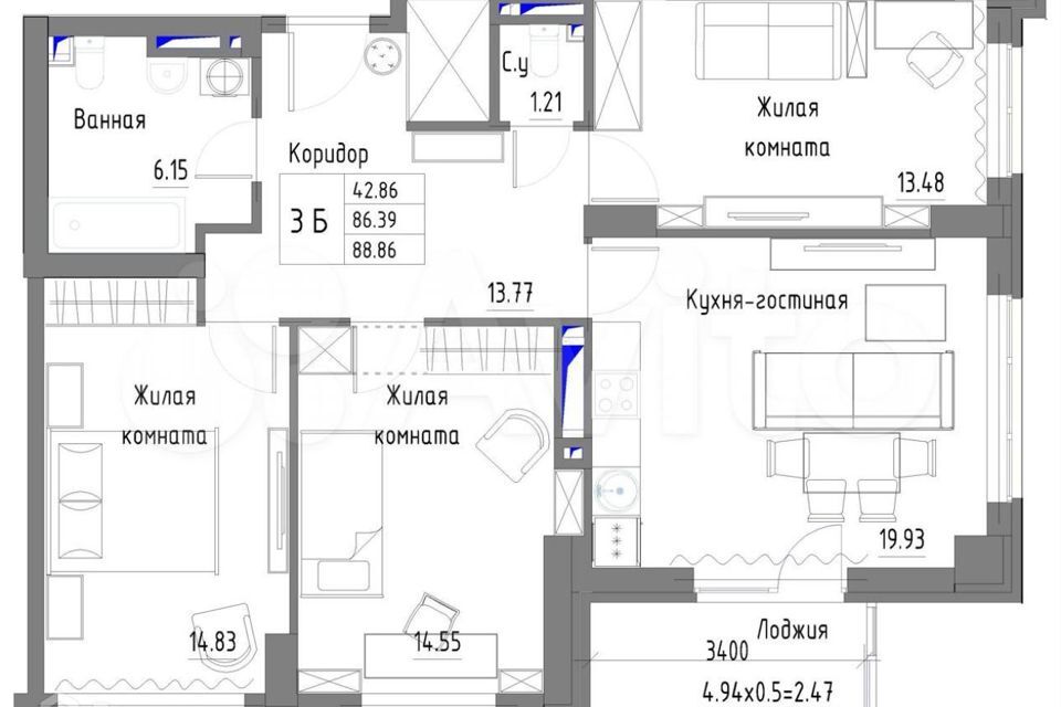 квартира г Ростов-на-Дону р-н Советский Западный пр-кт Стачки 215б ЖК Парк Плевен Ростов-на-Дону городской округ фото 3