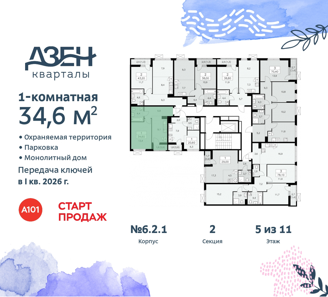 квартира г Москва п Сосенское метро Бунинская аллея метро Ольховая Сосенское, Дзен-кварталы, 2. 1, Коммунарка, Улица Горчакова, Бульвар адмирала Ушакова фото 2