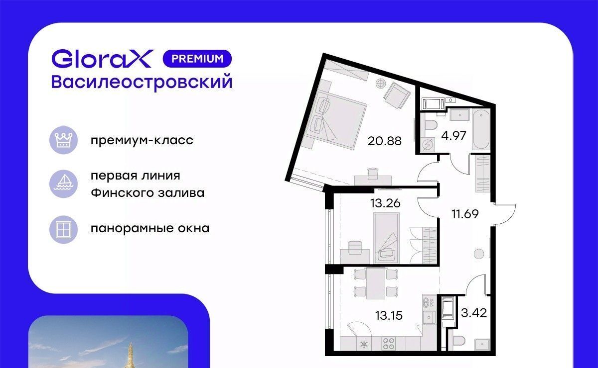 квартира г Санкт-Петербург р-н Василеостровский ЖК Глоракс Премиум Василеостровский фото 1