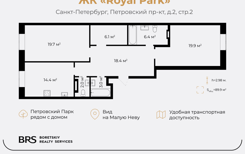 квартира г Санкт-Петербург метро Спортивная пр-кт Петровский 2с/2 апарт-комплекс Royal Park округ Петровский фото 2