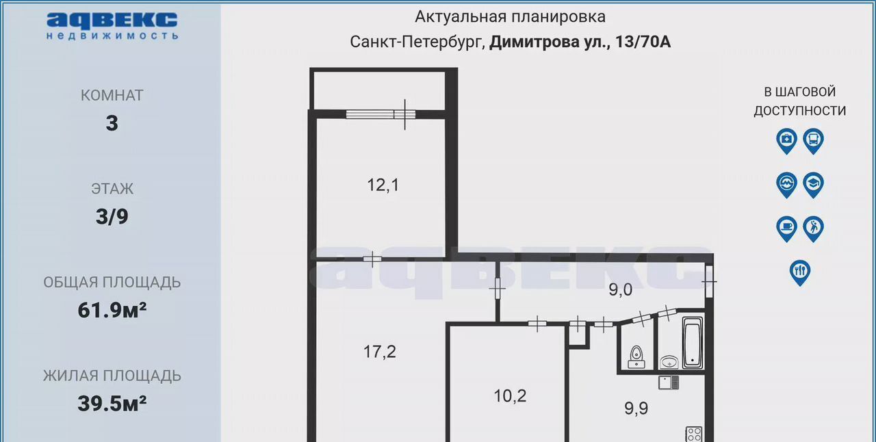 квартира г Санкт-Петербург метро Проспект Славы ул Димитрова 13/70 округ Георгиевский фото 2