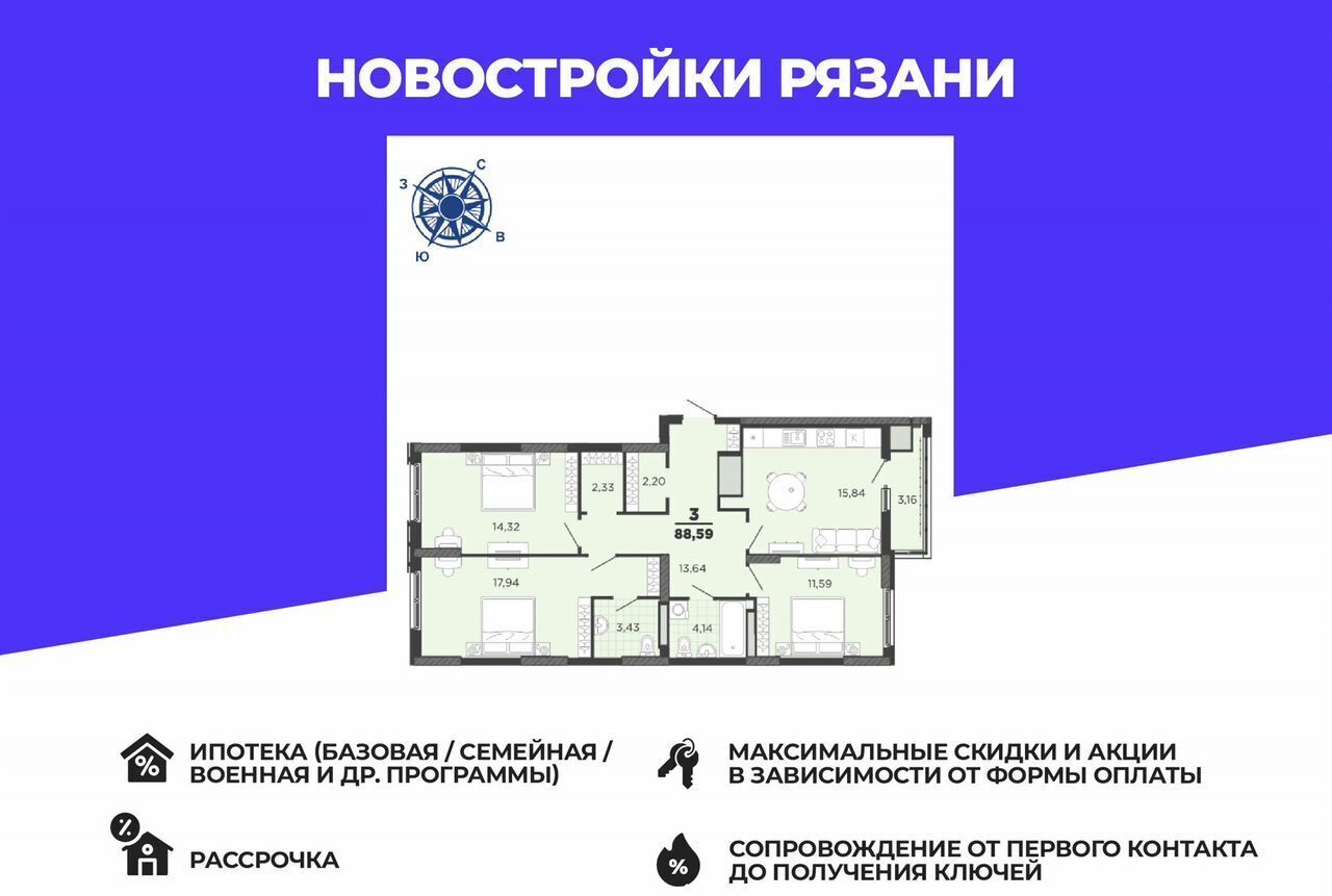 квартира г Рязань р-н Железнодорожный ул Островского 122 ЖК «Академик» фото 1