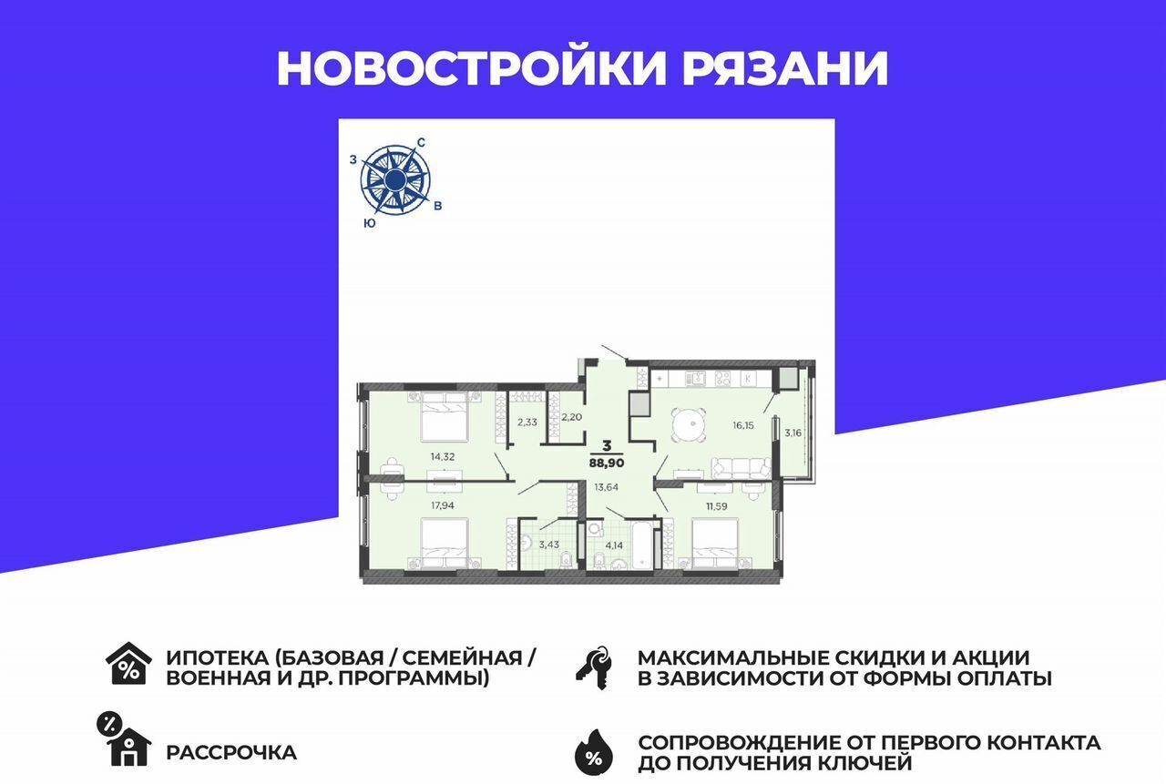 квартира г Рязань р-н Железнодорожный ул Островского 122 ЖК «Академик» фото 1