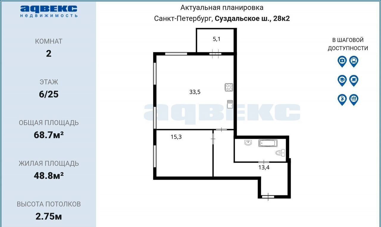 квартира г Санкт-Петербург метро Проспект Просвещения ш Суздальское 28к/2 фото 2