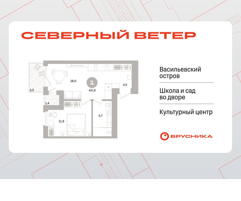 квартира г Санкт-Петербург метро Приморская р-н Василеостровский ЖК Северный Ветер фото 1