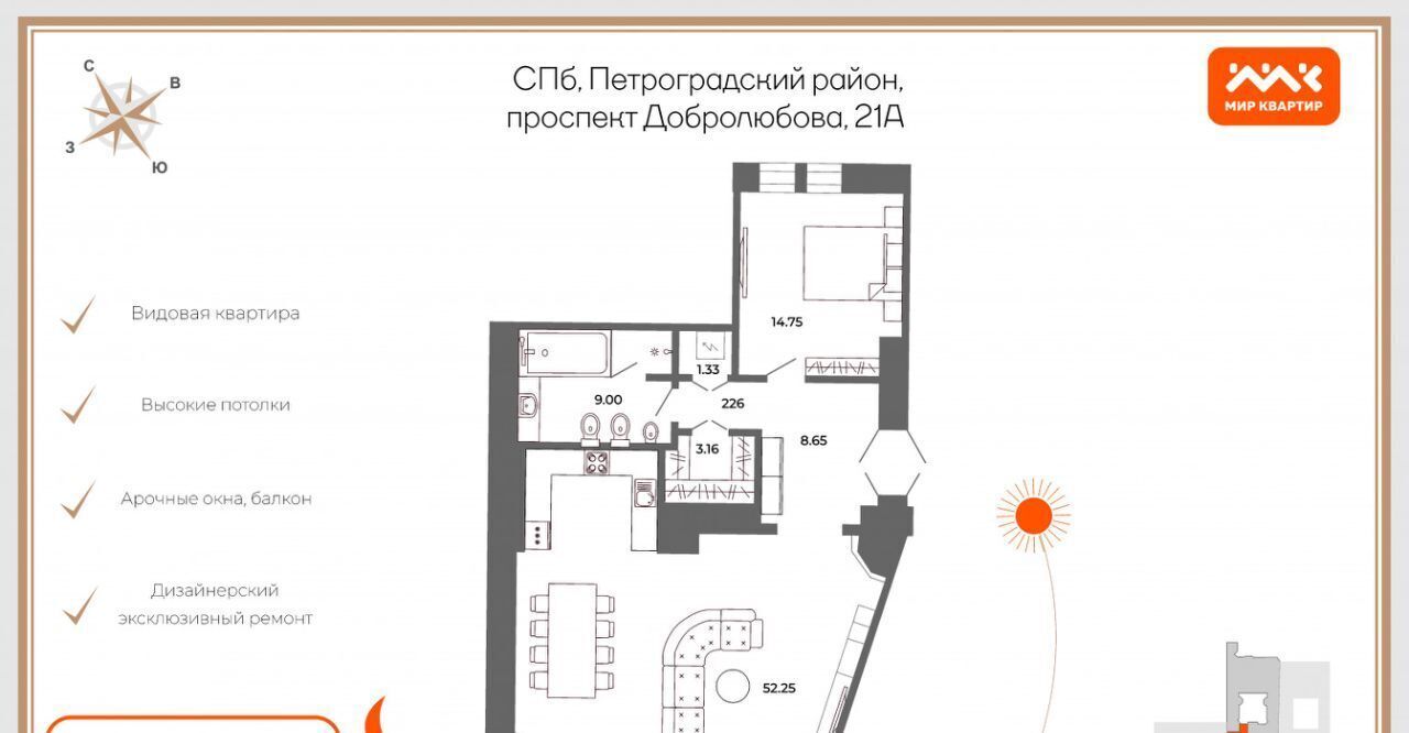 квартира г Санкт-Петербург метро Спортивная пр-кт Добролюбова 21а фото 2