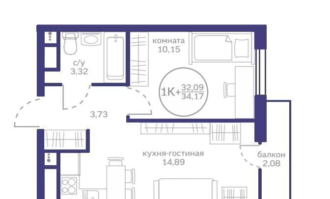 квартира г Тюмень р-н Калининский ул Краснооктябрьская 16 ЖК Меридиан Запад корп. 1 фото 14