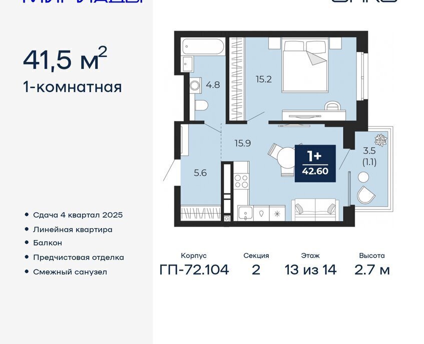 квартира г Тюмень ЖК «Мириады» Ленинский административный округ фото 1