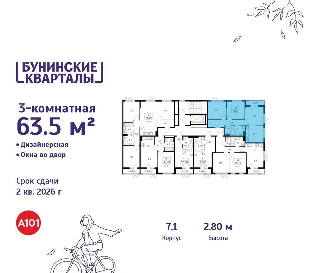 квартира г Москва п Сосенское д Столбово ЖК Бунинские Кварталы Потапово, з/у 41/1Г, д. 7 фото 2