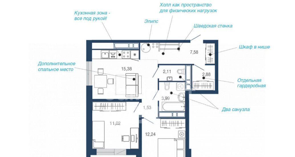 квартира г Липецк р-н Советский микрорайон «Елецкий» 2/12 фото 2