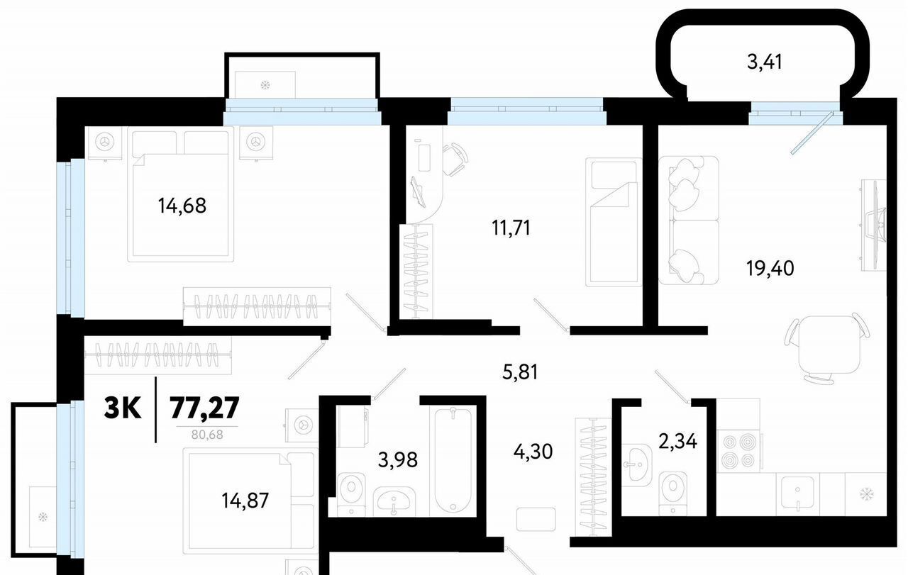 квартира г Тюмень р-н Калининский ул Василия Малкова 32 фото 1