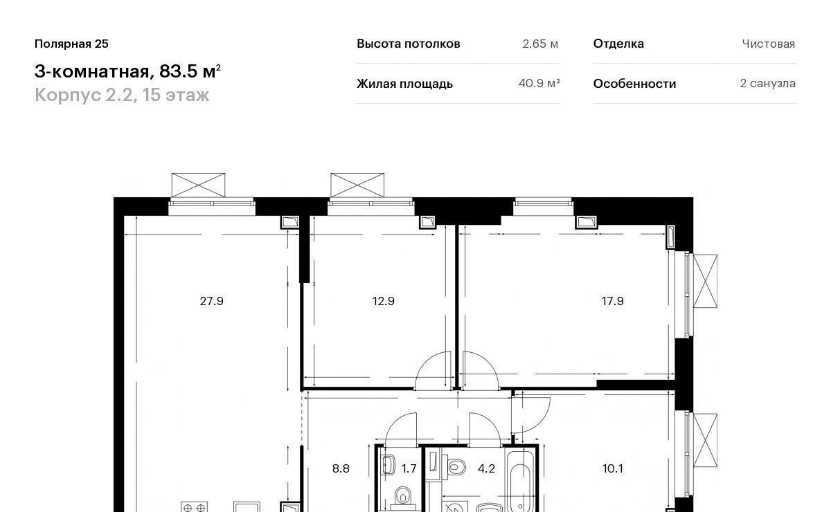 квартира г Москва метро Бабушкинская СЗАО Южное Медведково ЖК Полярная 25 2/2 жилой комплекс Полярная 25, Полярная улица  дублёр, 21 фото 1