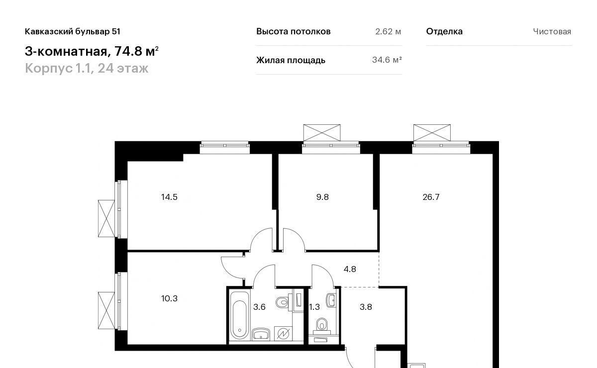 квартира г Москва метро Кантемировская б-р Кавказский 1/1 Бульвар 51 ЖК фото 1