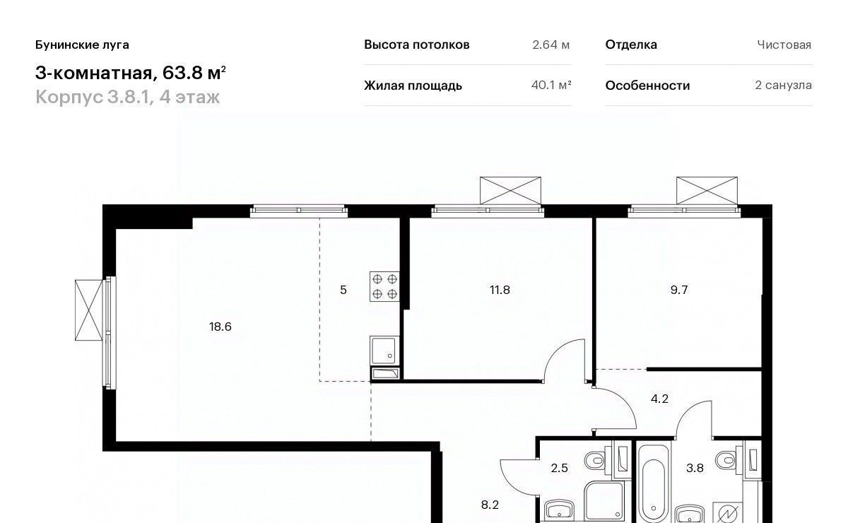 квартира г Москва п Сосенское п Коммунарка ЖК Бунинские Луга 8/1 метро Бунинская аллея 3. фото 1