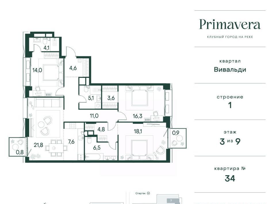 квартира г Москва метро Спартак СЗАО Покровское-Стрешнево Северо-Западный ао, Вивальди кв-л, Клубный Город на Реке Примавера жилой комплекс фото 1