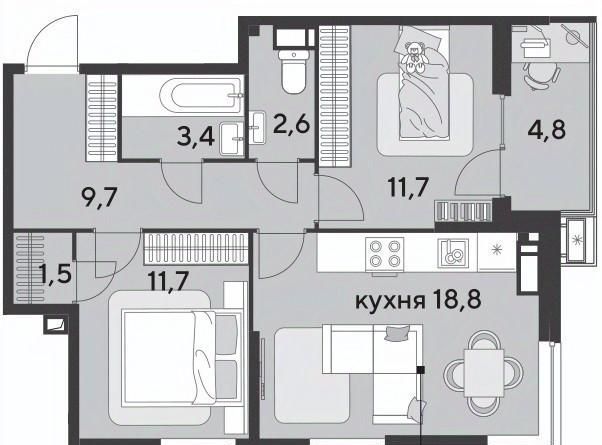 квартира г Краснодар р-н Прикубанский ЖК «Парк Победы» фото 2