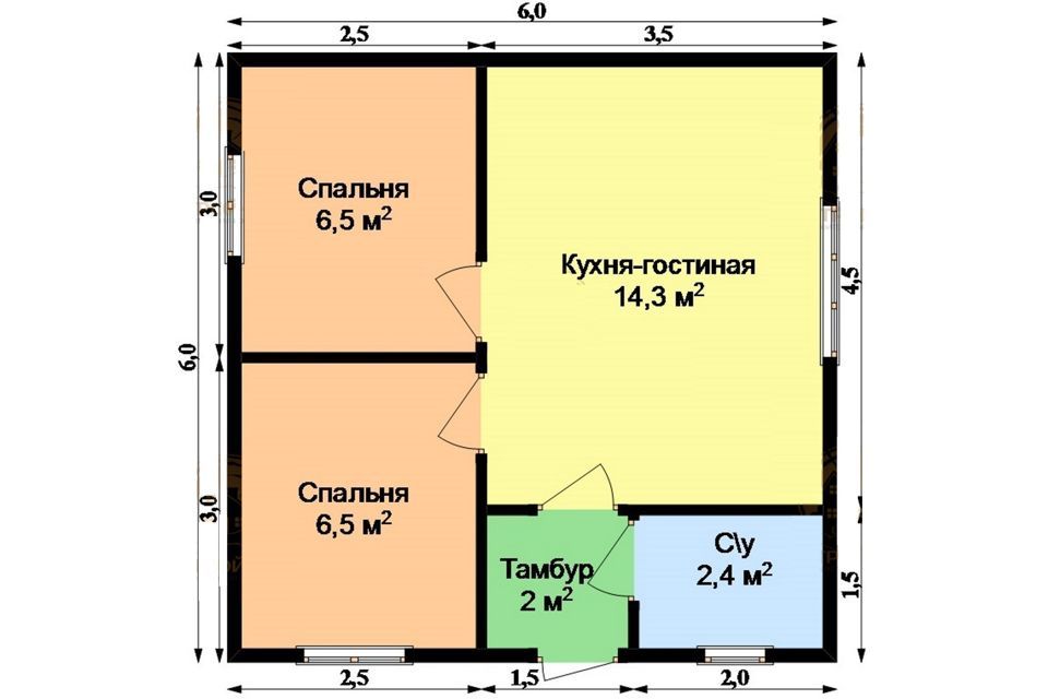 Проект одноэтажного дома 6х6 с кухней и санузлом